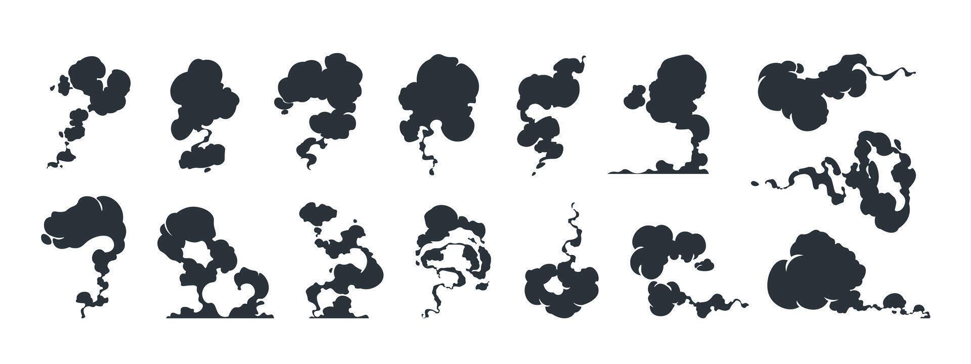 Cartoon smoke effect. Comic windy dust stream, steam puff and puff movement, blow silhouette for game animation. Vector fume motion asset