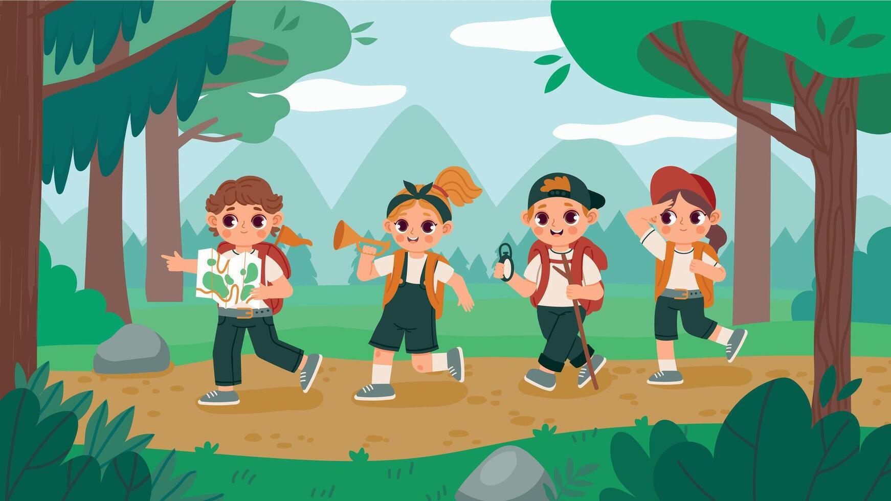 Kids on a hike. Cartoon kids walking in wood, summer journey and adventure trip with backpacks. Vector scout kids survive in nature