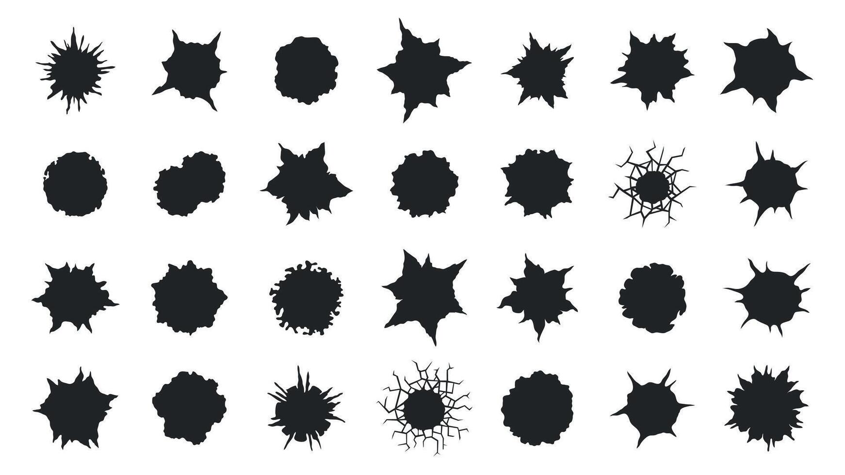 Black gunshot holes. Bullet shot damaged elements on metallic surface, gun pistol bullethole silhouettes target shooting torn crack elements. Vector set