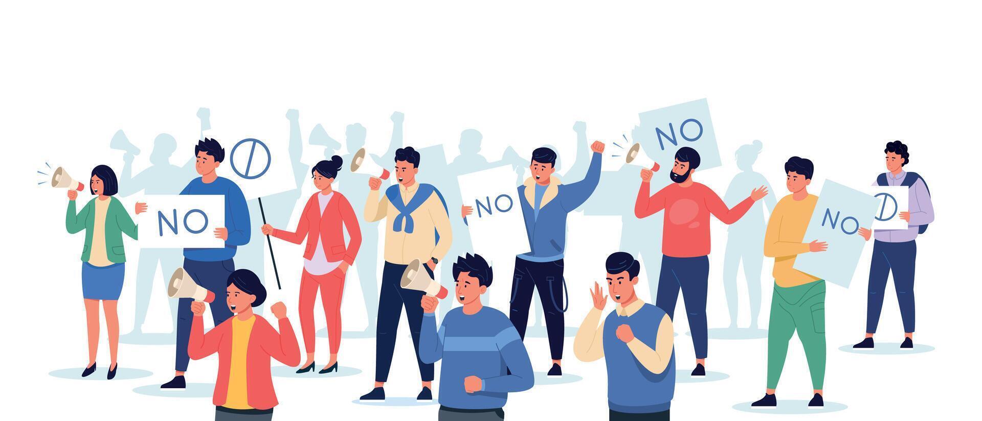 People on protest. Crowd of activists with placards on strike peaceful demonstration, cartoon characters together holding banners. Vector illustration