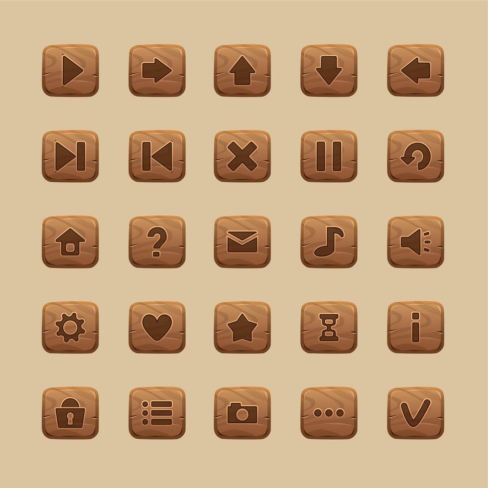 Wooden game UI buttons. Cartoon home screen interface and menu icons, comic GUI start play pause restart buttons asset. Vector isolated set