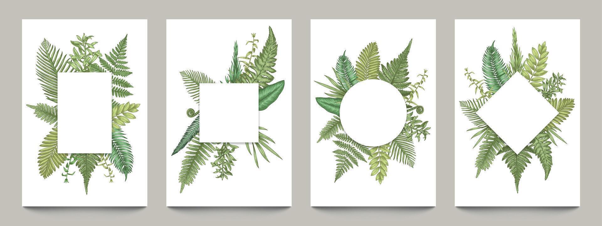Clásico carteles con botánico fronteras vacío pancartas Bosquejo con rural mano dibujado hierbas y hojas, blanco Boda invitaciones y saludo tarjetas vector conjunto