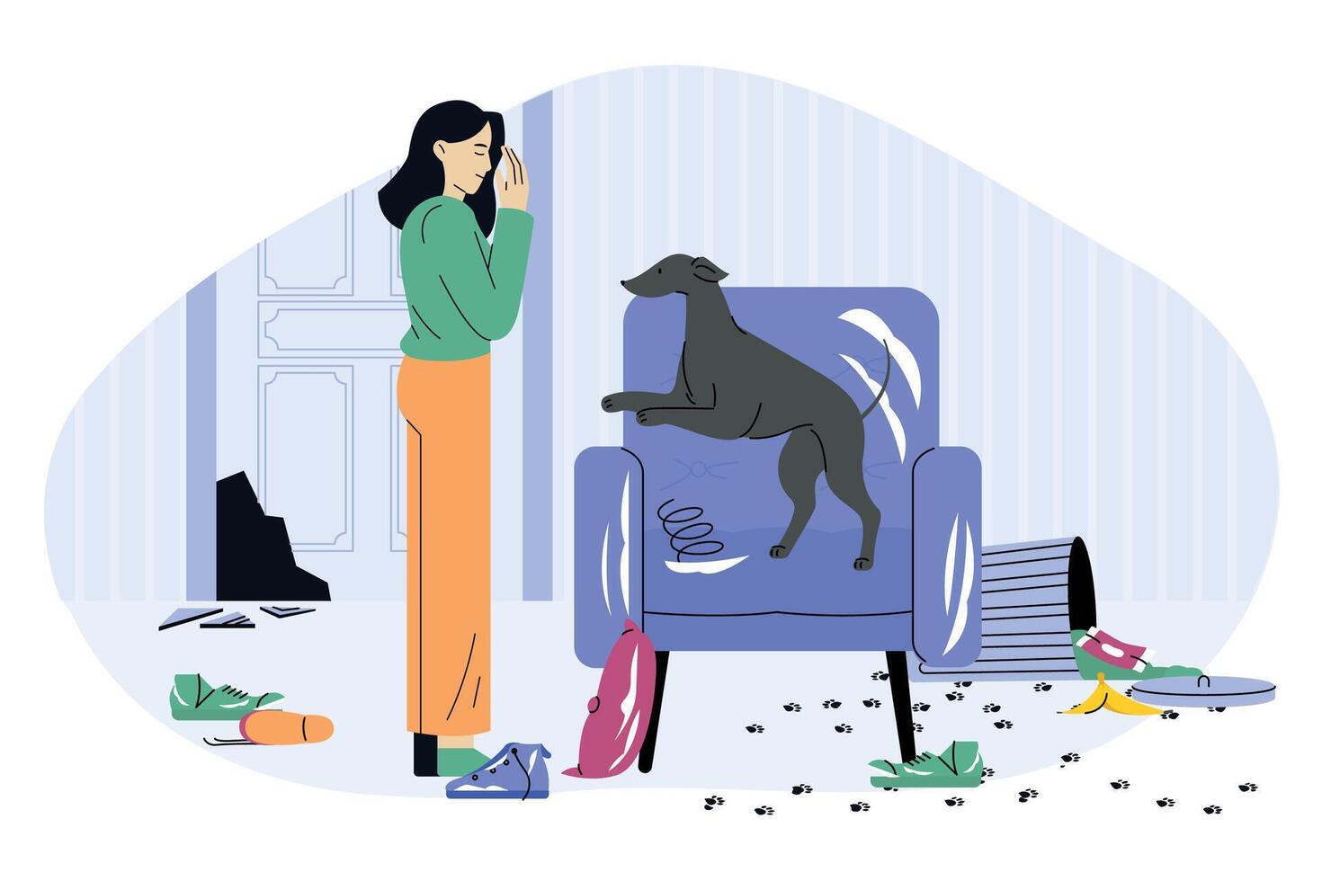 Dog behavior problem. Cartoon naughty puppy destroy house, pet indoor mess and chaos, naughty animal character playing and destroying furniture. Vector illustration