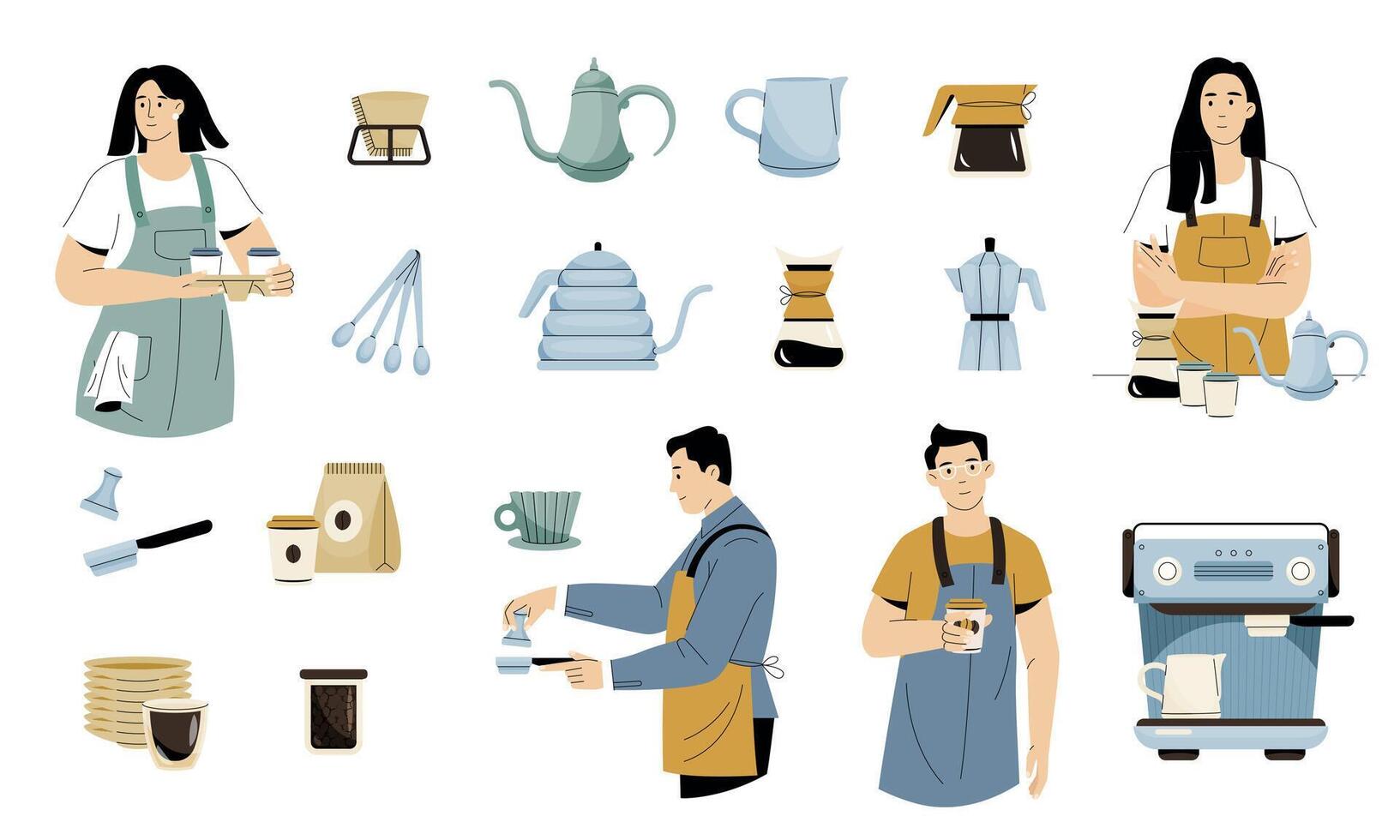 Barista with equipment. Cafe workers preparing coffee and other beverages, cafe and coffee shop characters with cups devices. Vector set