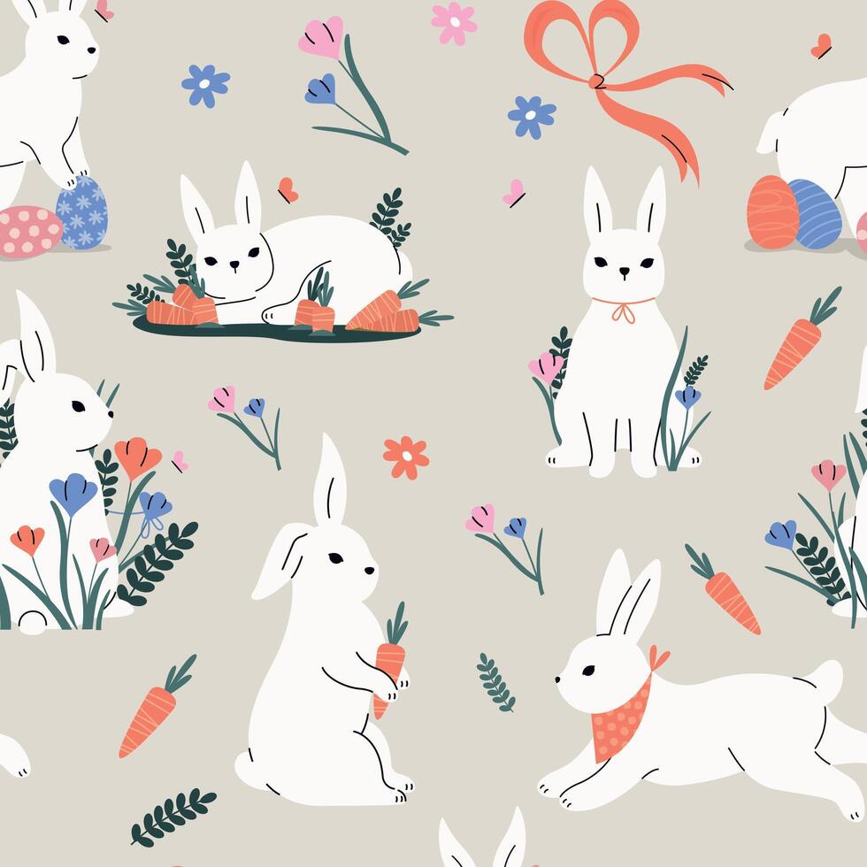 Cute rabbits pattern. Seamless print of cartoon colorful hare heads, childish animal faces for wrapping paper fabric, holiday card background. Vector texture