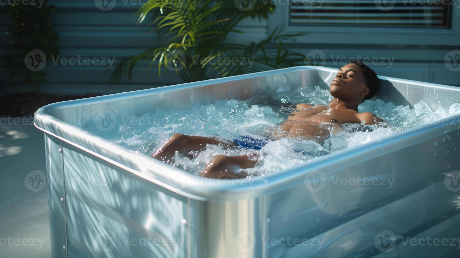 AI generated Cold tub. African American young man taking ice bath outside. Health benefit photo