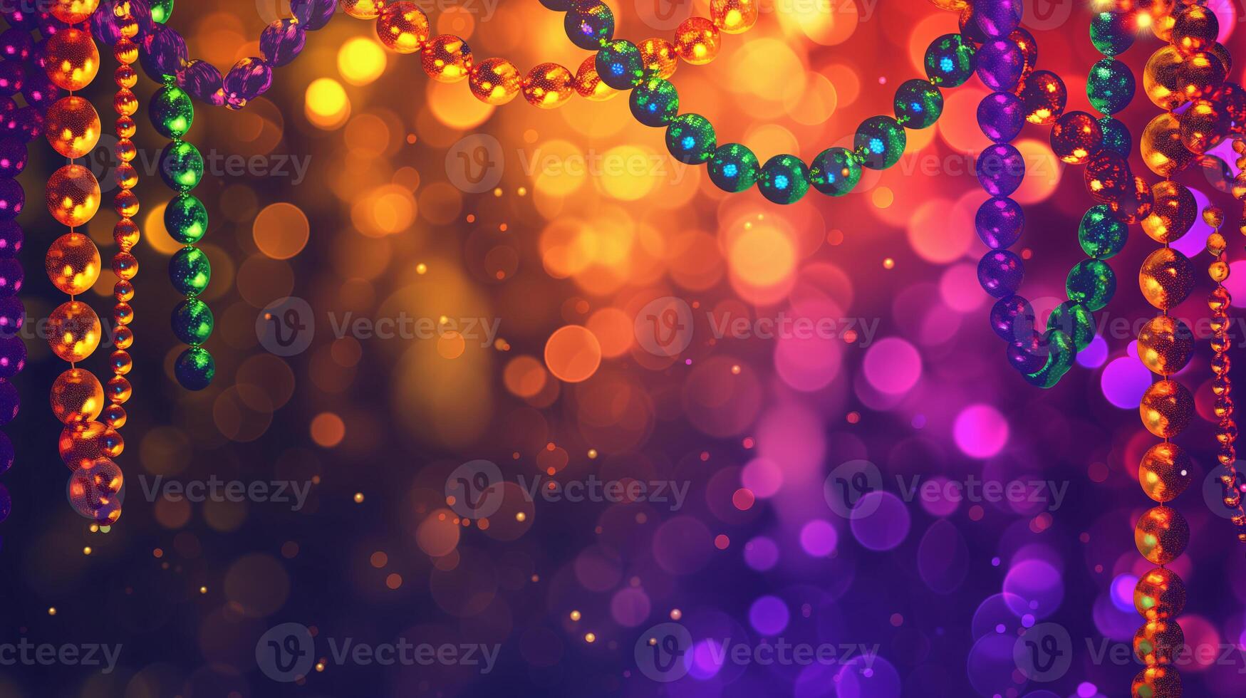 AI generated Mardi gras banner design with colorful beads, bokeh and empty copy space for text photo