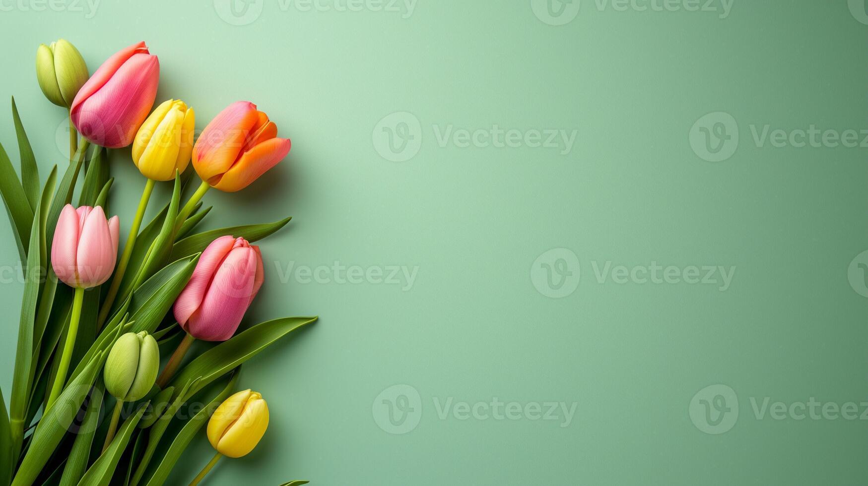 AI generated Floral spring background with bunch of colorful tulips on light green backdrop. Copy space. Mothers day, 8 march photo