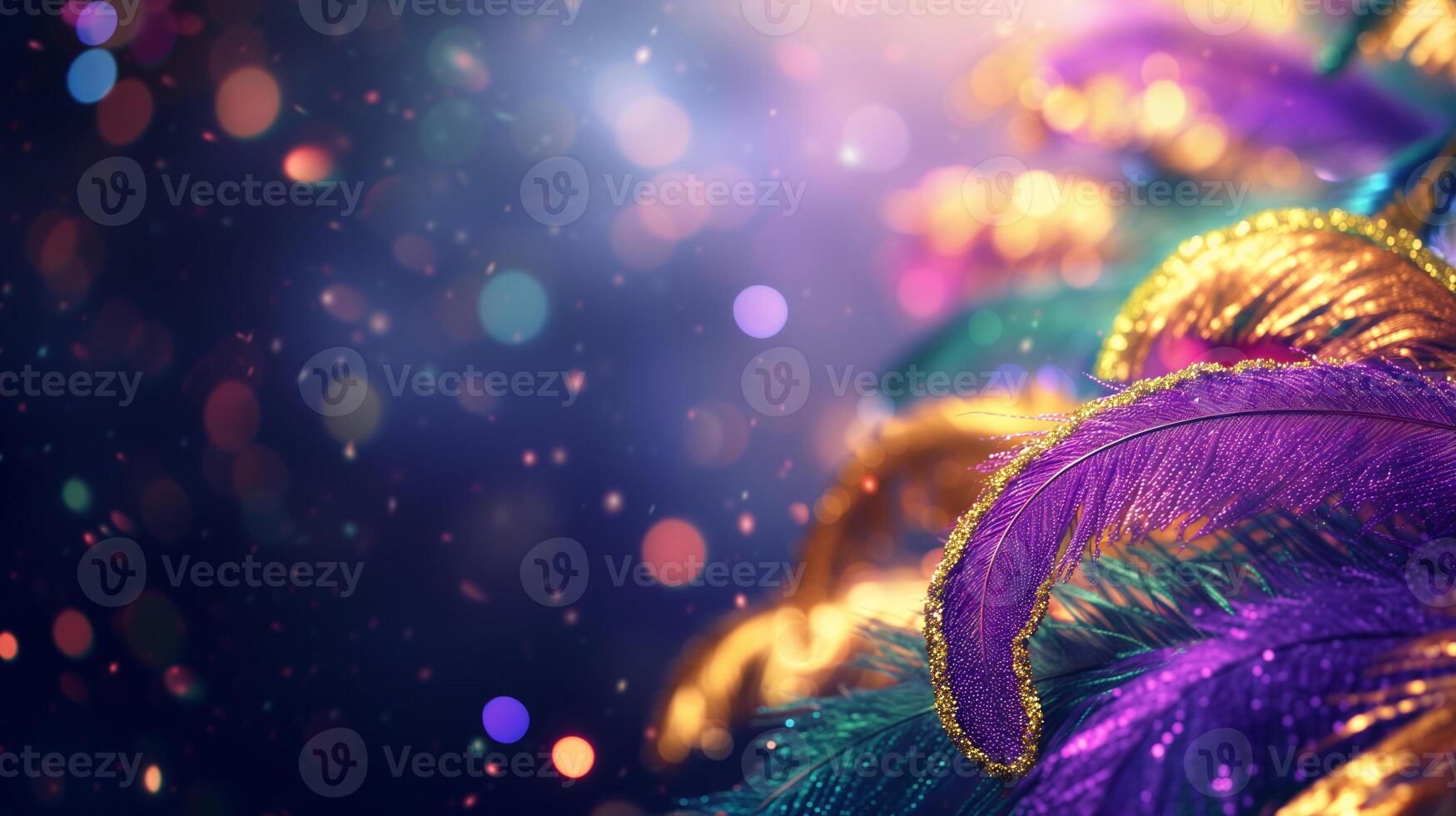 AI generated Mardi Gras background with empty copy space. banner with feathers, bokeh on blue backdrop. Carnival. Purim. photo