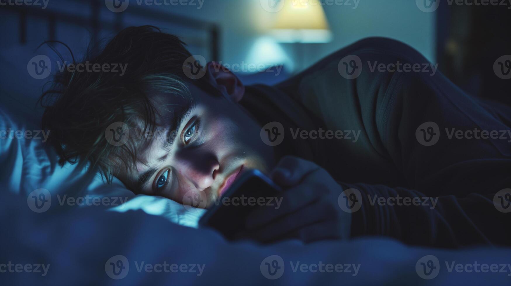 AI generated Doomscrolling. FOMO. Young man lying in bed at night, checking phone with a worried and anxious expression. photo