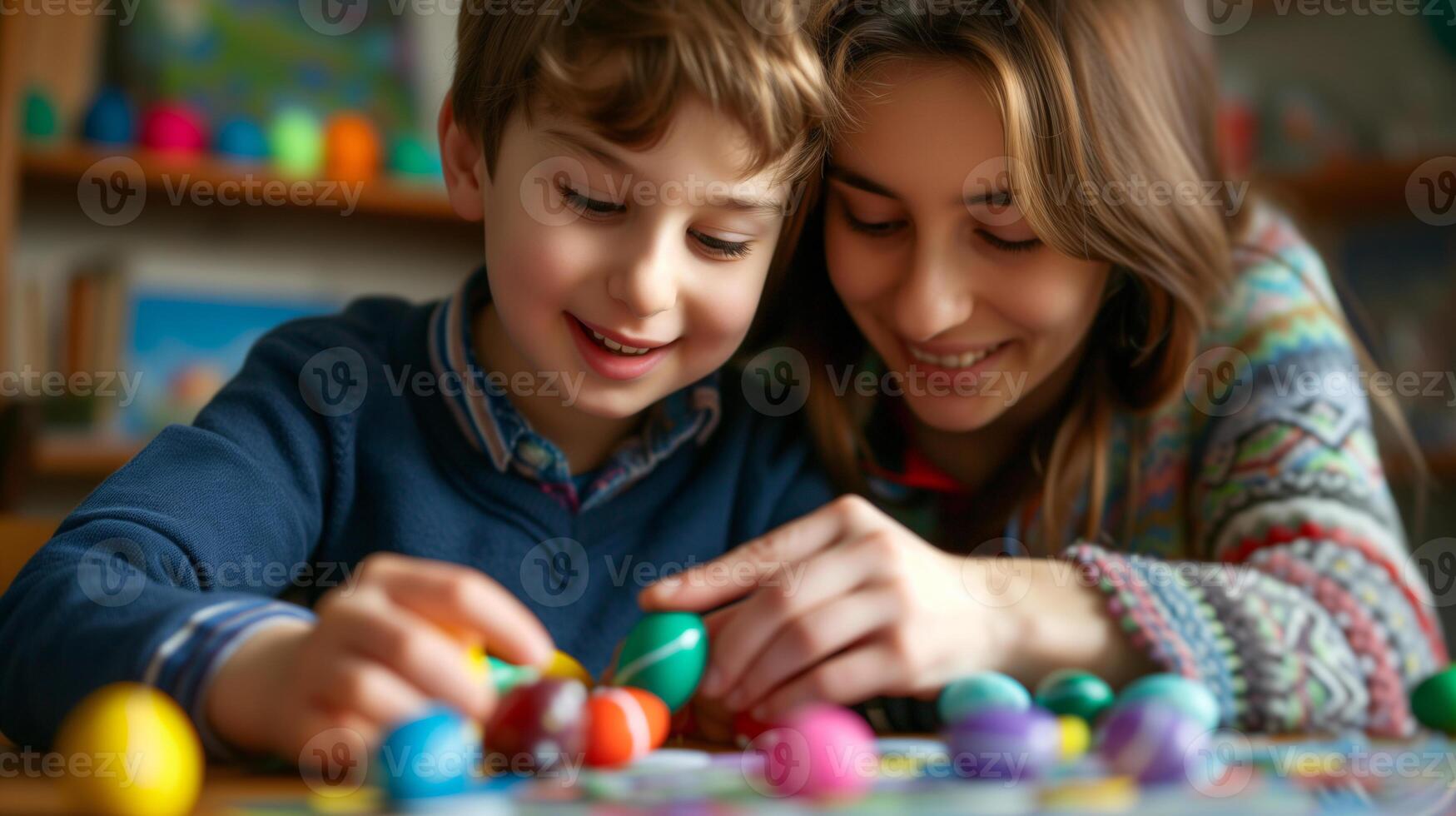 ai generado madre y hijo son pintura Pascua de Resurrección huevos. bricolaje primavera niños proyecto a hogar.. foto