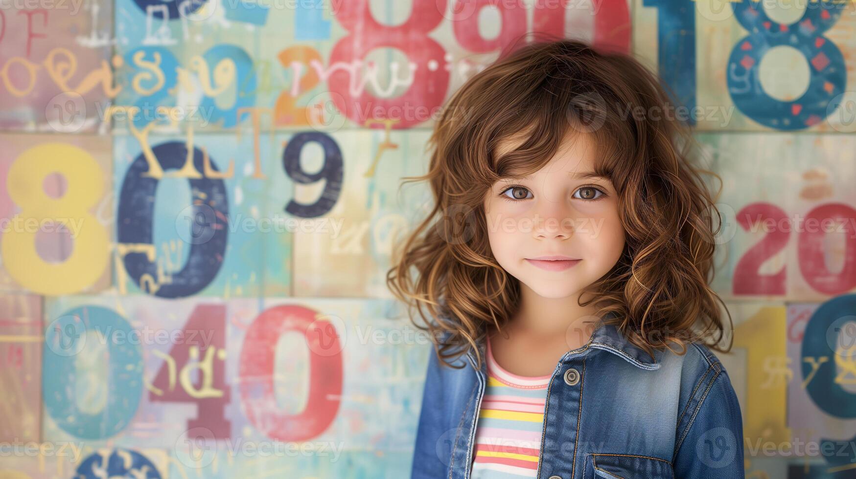 AI generated Dyscalculia awareness day banner design with copy space. Beautiful young girl against colorful numbers background. photo