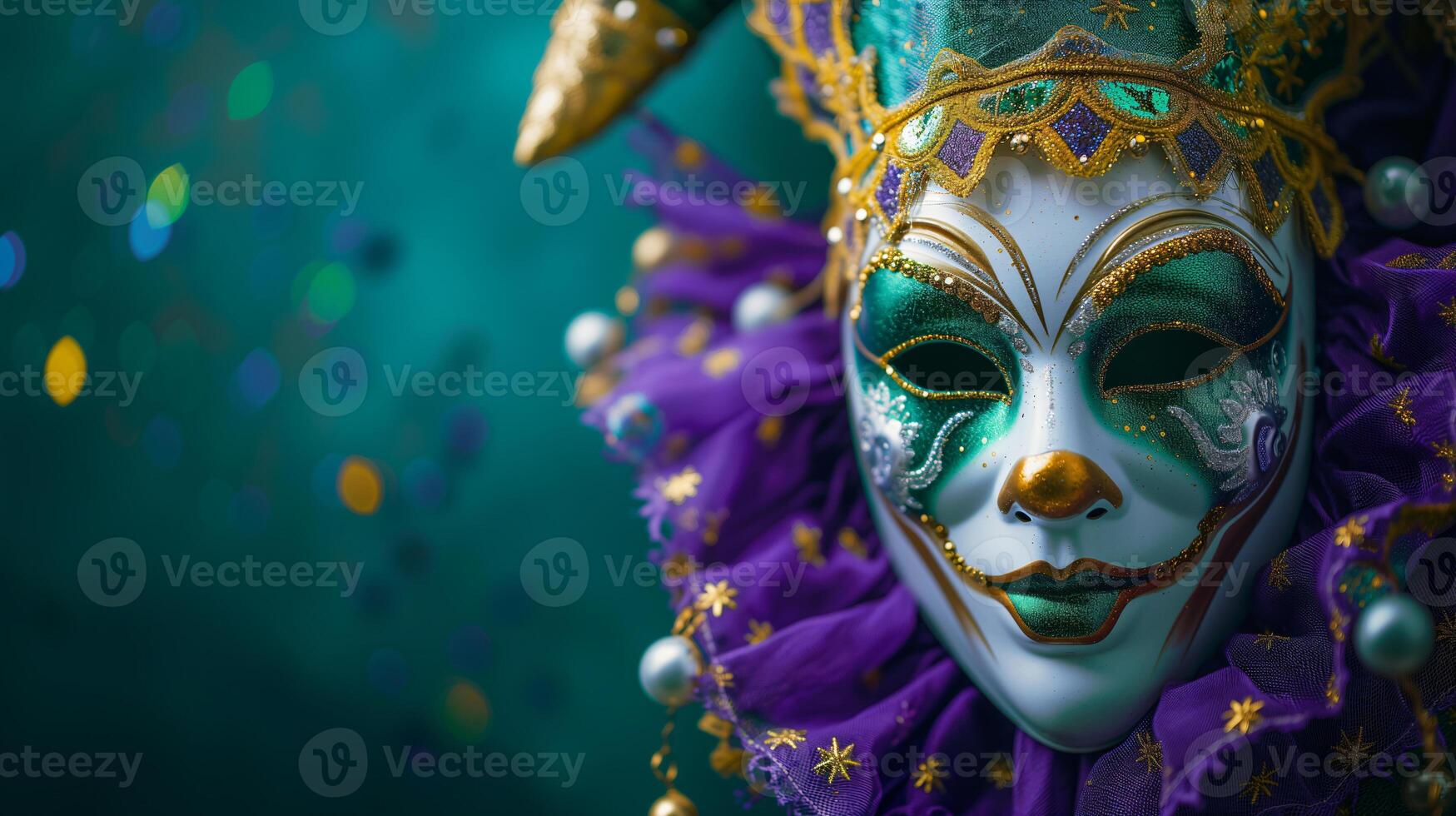 AI generated Mardi Gras background with empty copy space. banner with Jester Mask. photo