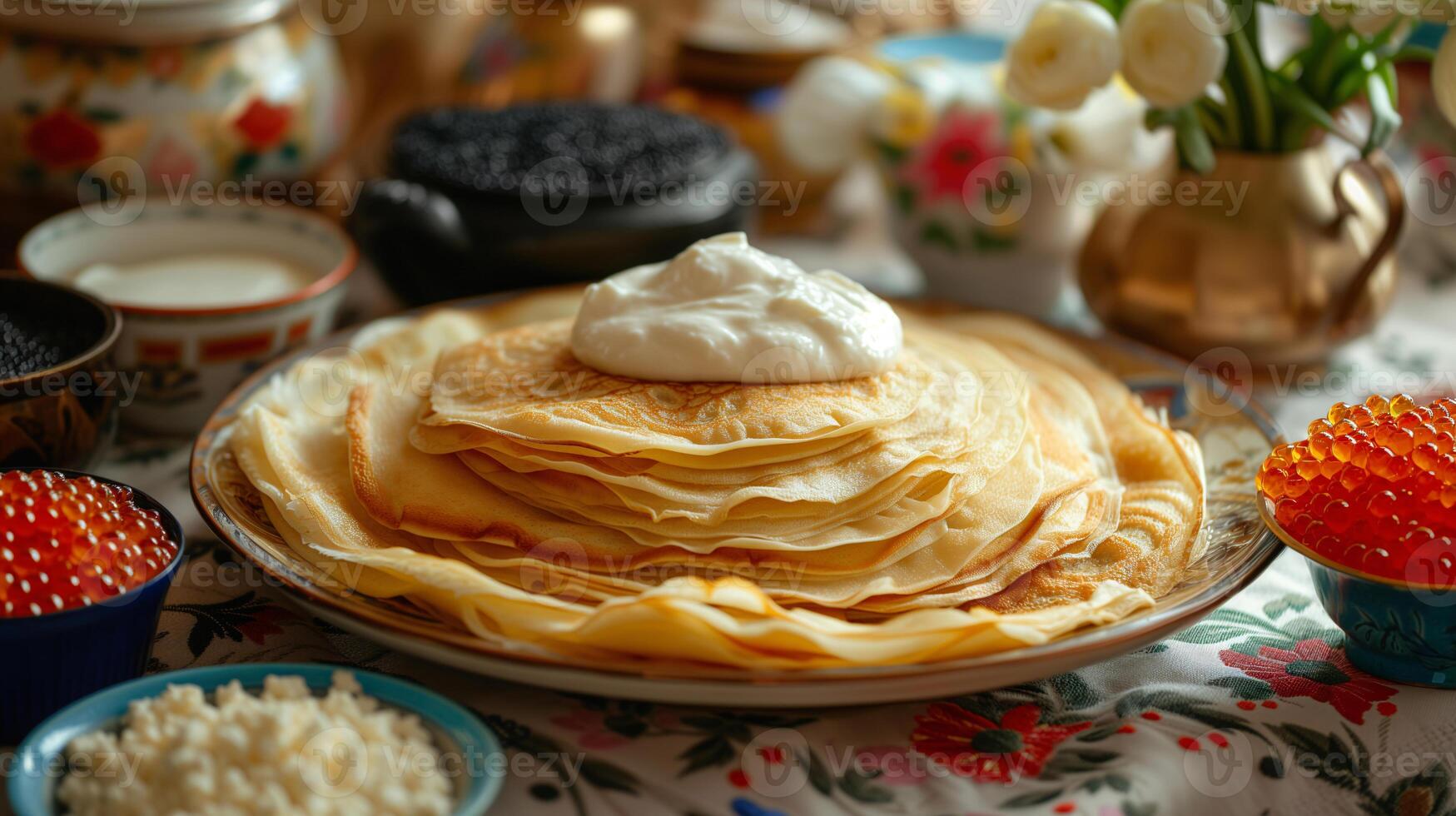 ai generado tradicional ruso plato blini con lado de rojo y negro caviar, cabaña queso, cerca arriba. mesa configuración. Delgado panqueques. crepe. maslenitsa fiesta foto