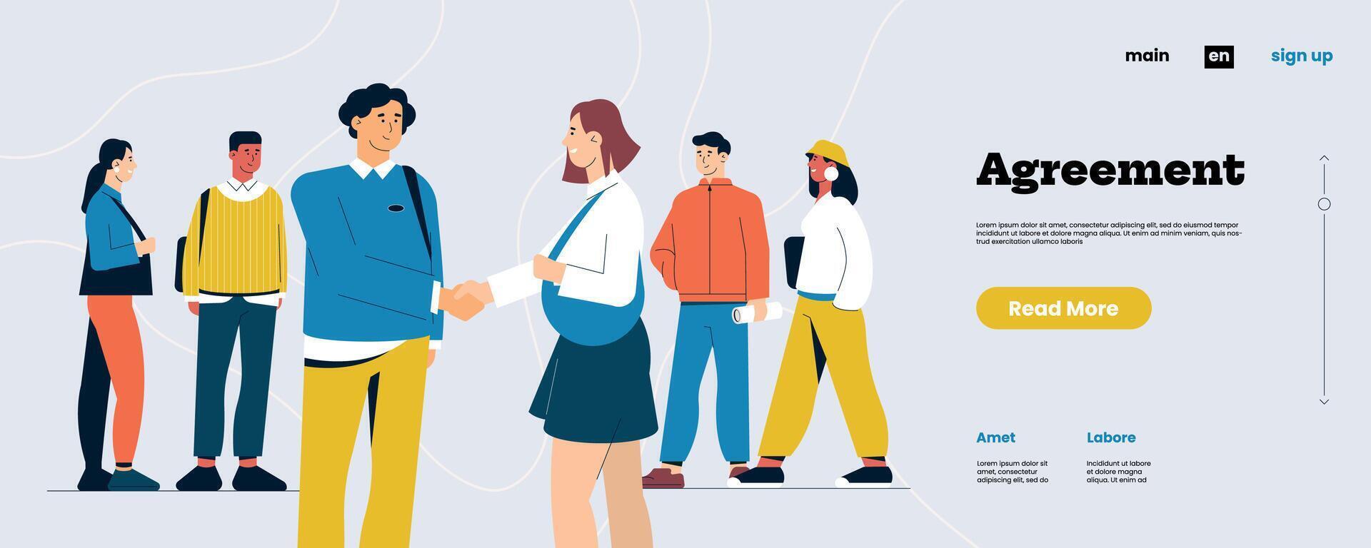 Character agreement landing page. Professional handshaking male and female workers. Cartoon hand shake for employee partnership concept. Vector illustration