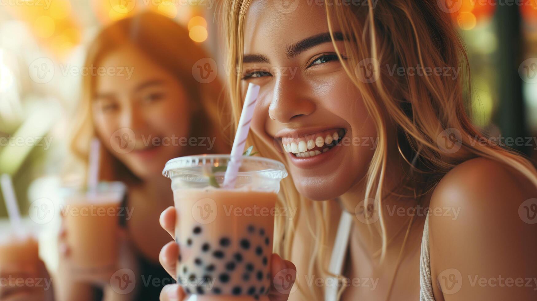 AI generated Photo of happy smiling girl friends enjoying refreshing Boba Bubble tea drinks.