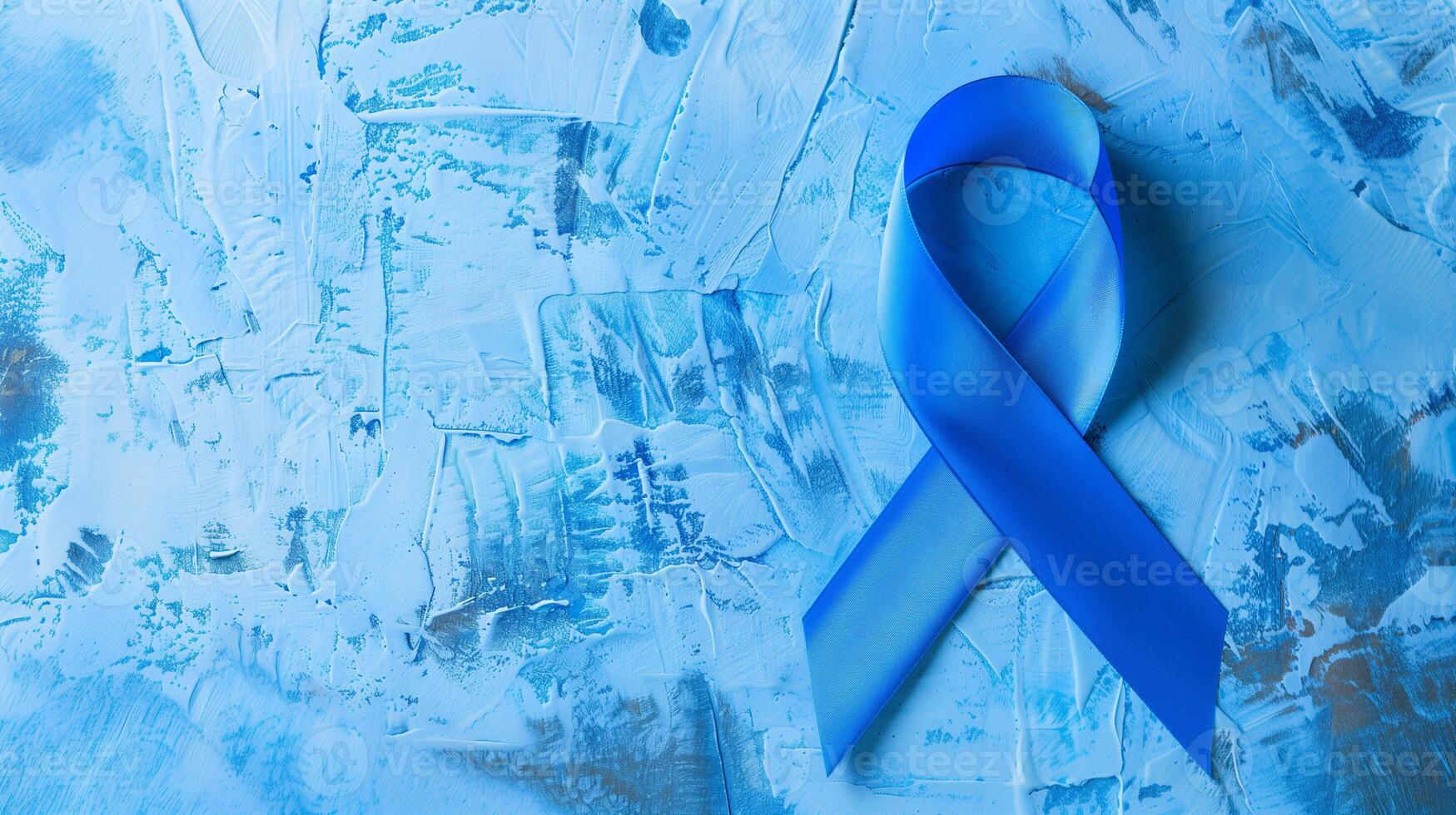AI generated Colorectal Cancer Awareness banner design with artistic illustration of a blue ribbon symbol over light blue background.. photo