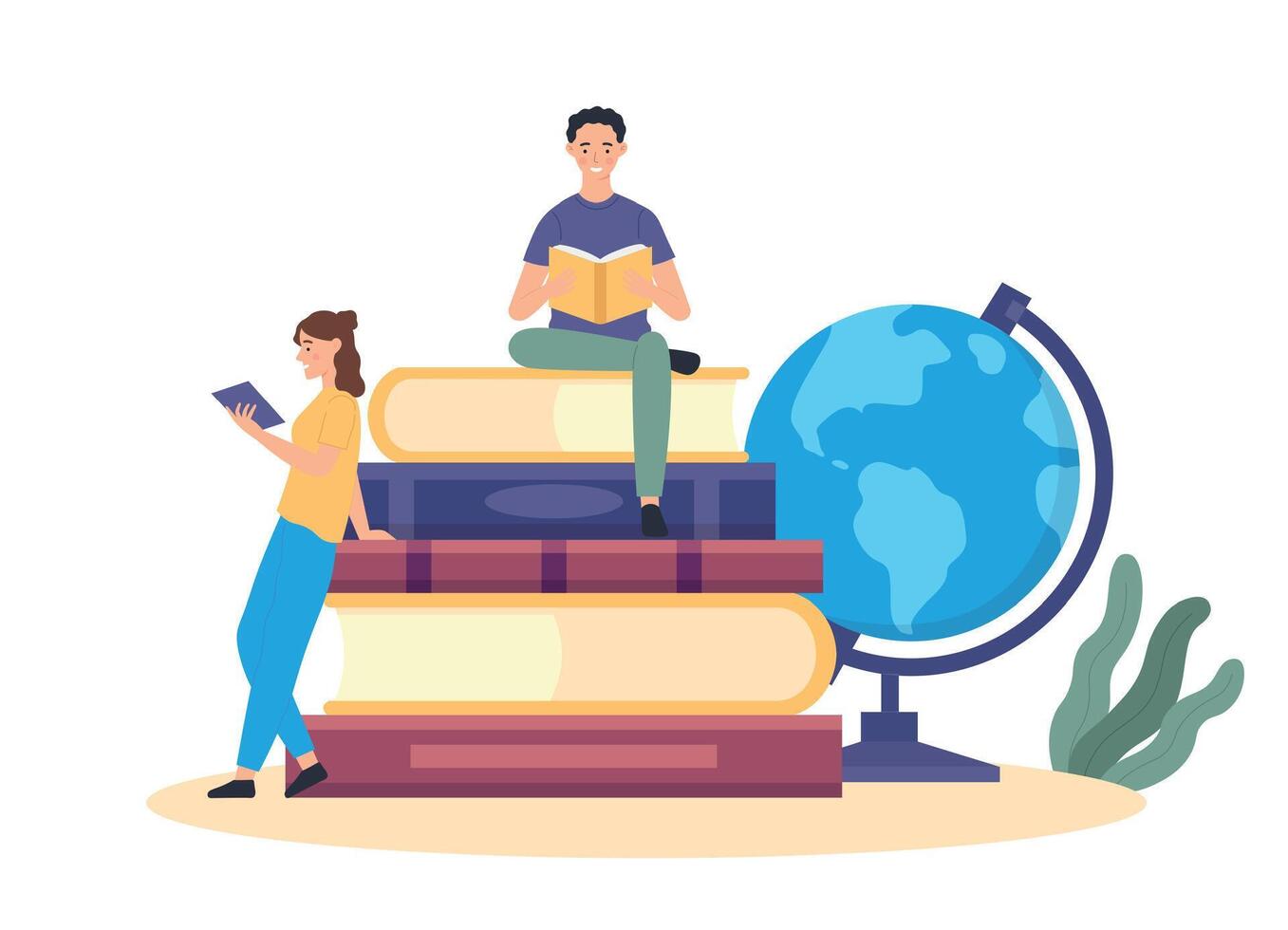Education concept, student sitting in pile on book and globe vector