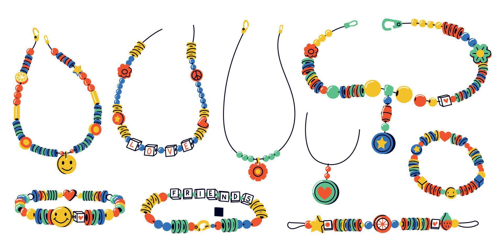 Kids necklace. Hand made groovy child beads bracelet pendant cartoon style, handmade shiny hippie accessories crafting hobby concept. Vector set