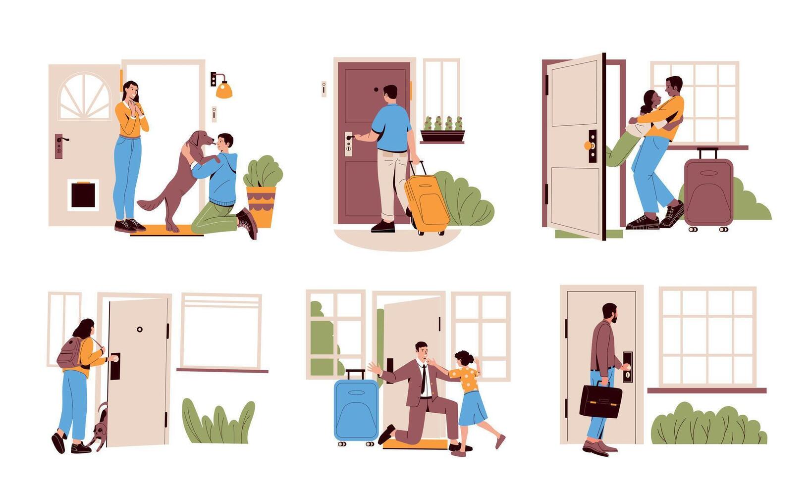 People return home. Cartoon characters returning to apartment, man woman come to residence after work trip study school walking flat style. Vector set