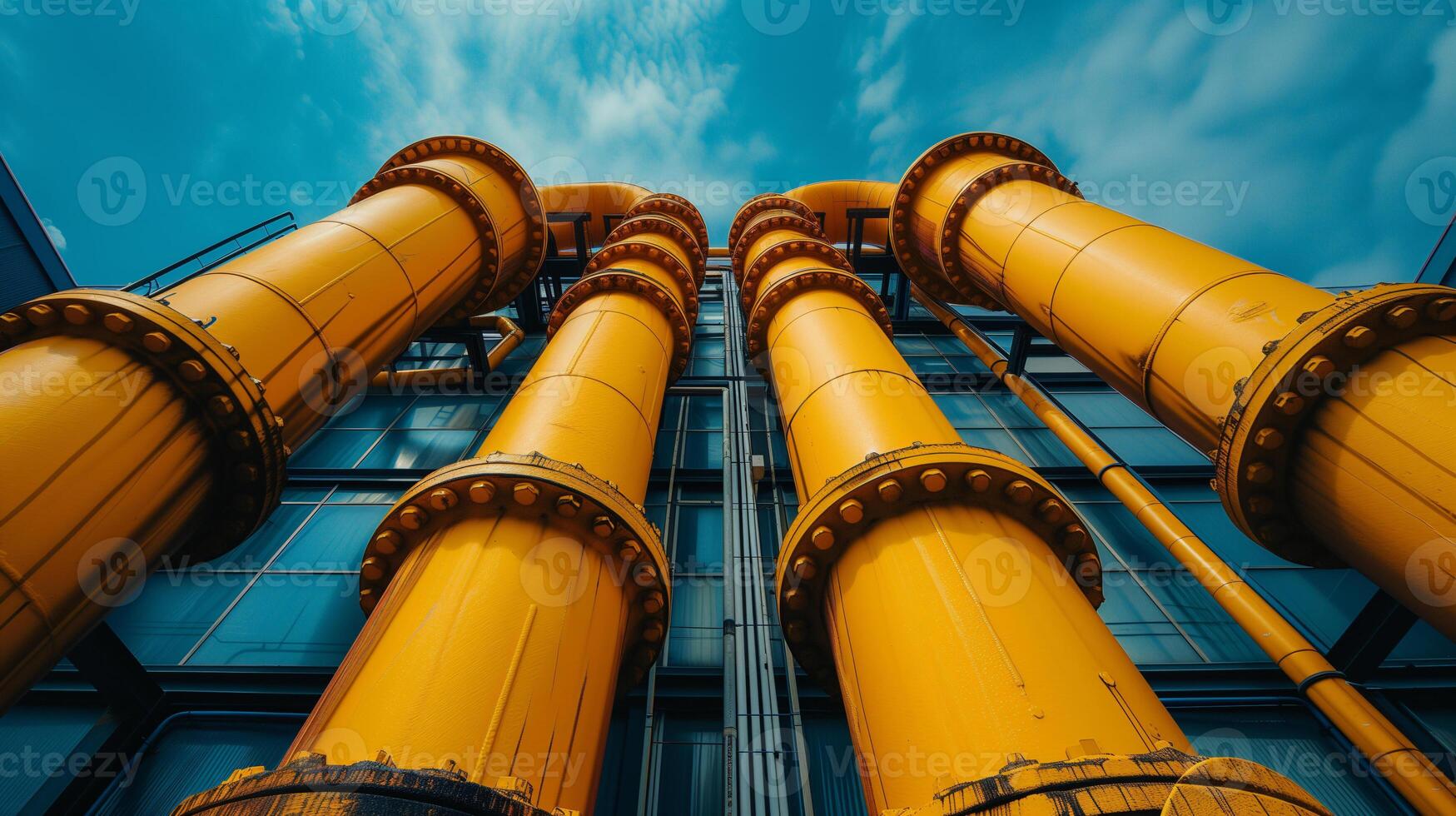 AI generated Yellow steel pipes and valves over blue sky background. Industrial infrastructure, engineering, manufacturing, construction, technology concept. photo