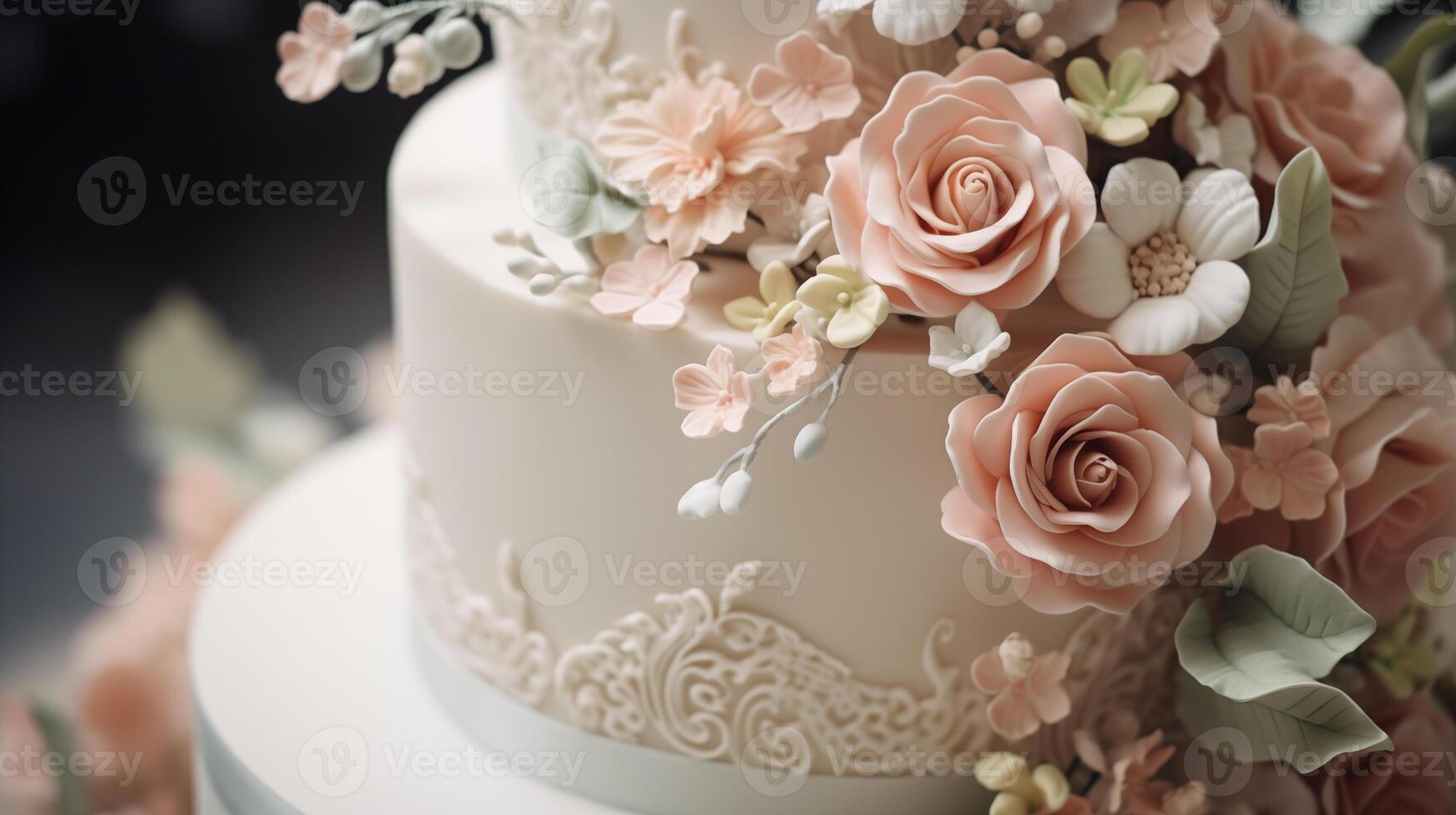 AI generated Beautiful wedding cake decorated with buttercream flowers and lace close up. photo