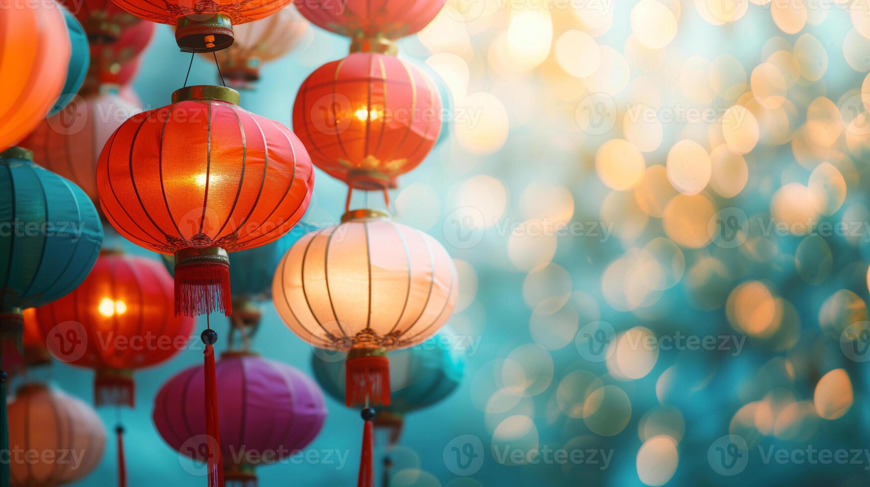 AI generated chinese lantern festival background with copy space. photo