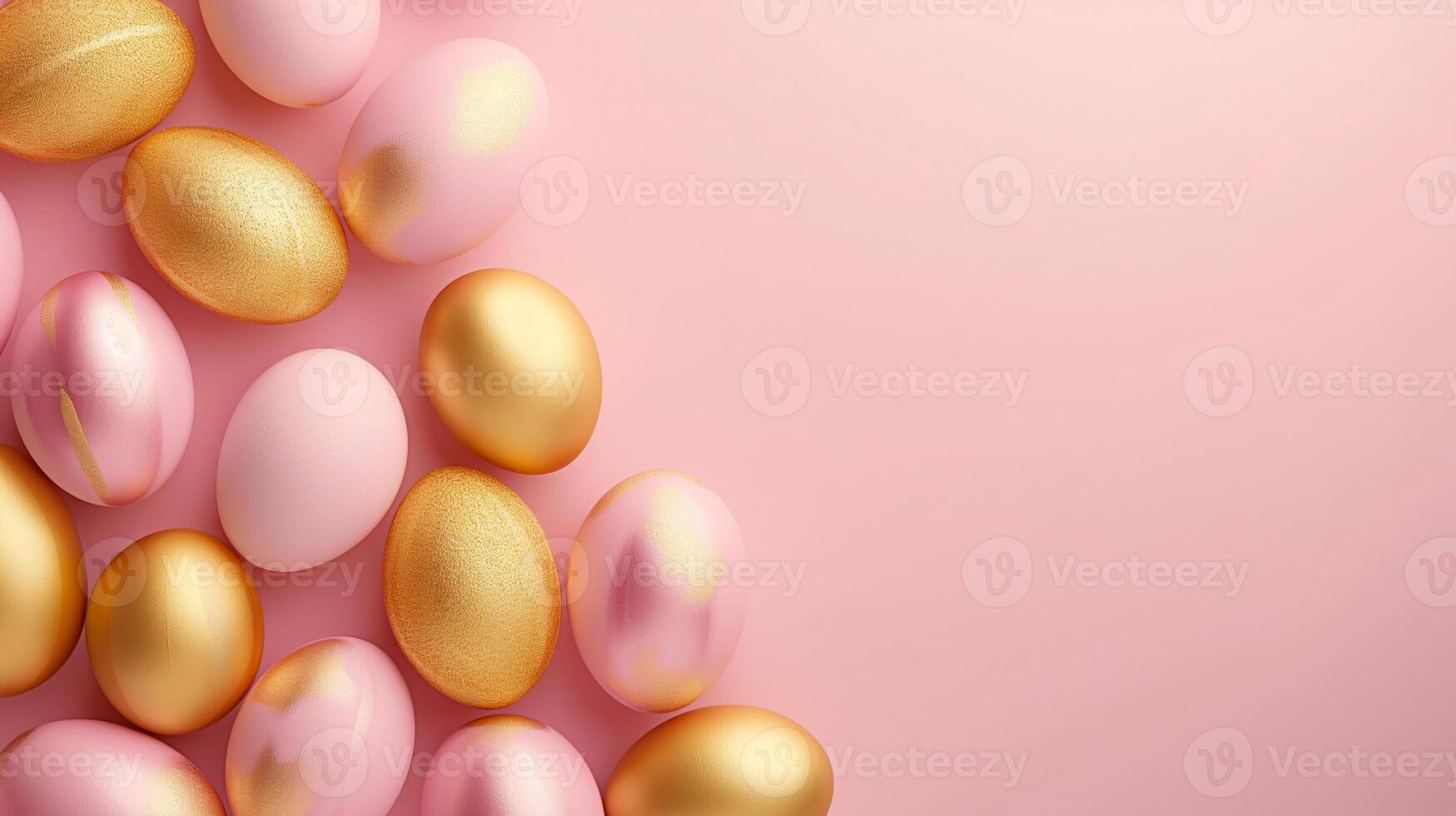 AI generated Easter background with painted gold and pink eggs on light pink backdrop. Copy space for text photo