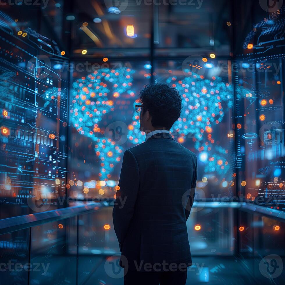 AI generated Young asian businessman working on a virtual screen of the future and sees the inscription hologram. Business, Technology, Internet, Artificial Intelligence, network concept photo