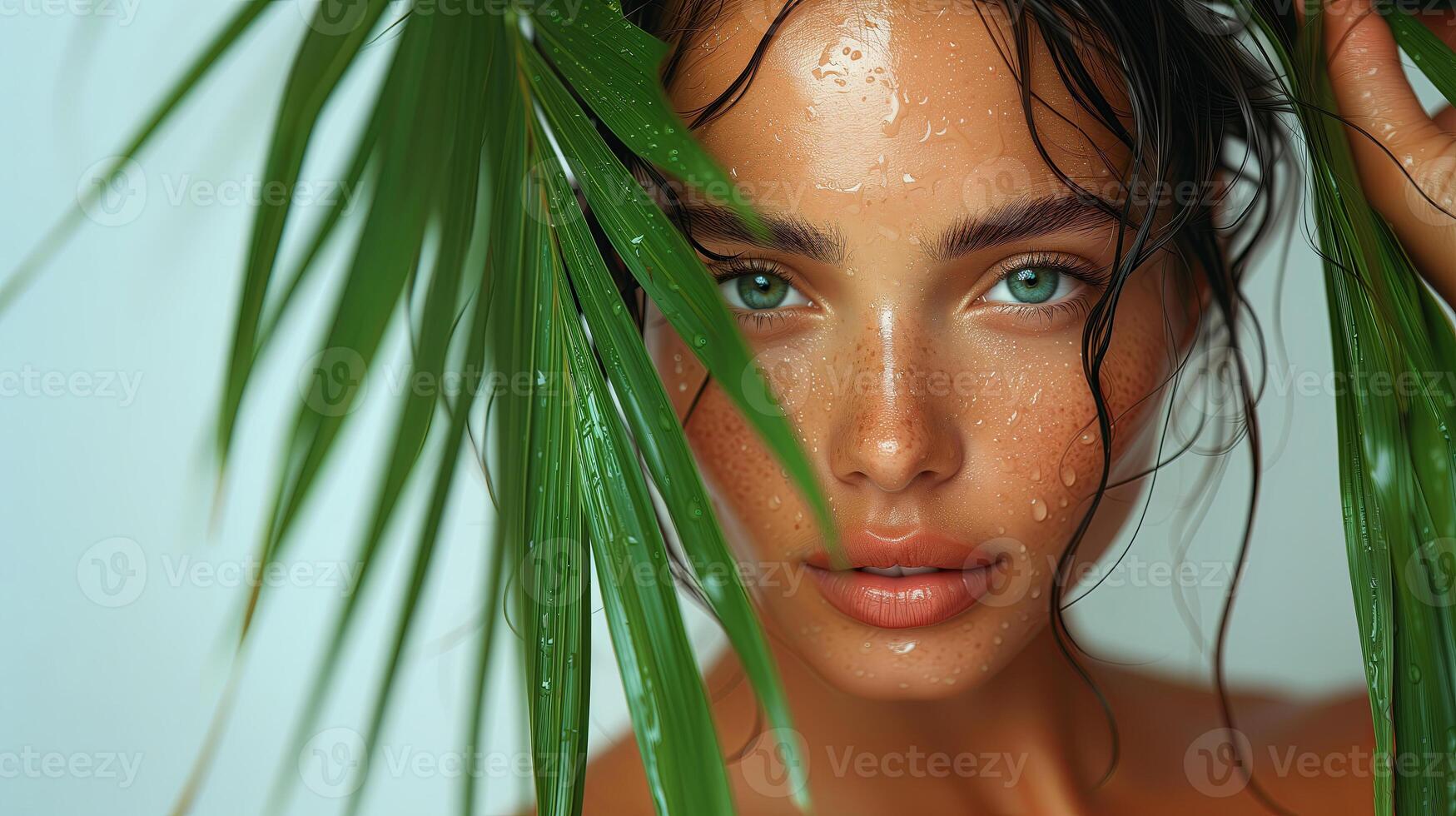 AI generated Close up face of beautiful young woman covering part of her face by green leaf while looking at camera. Portrait of beauty woman without makeup standing behind green leaves photo
