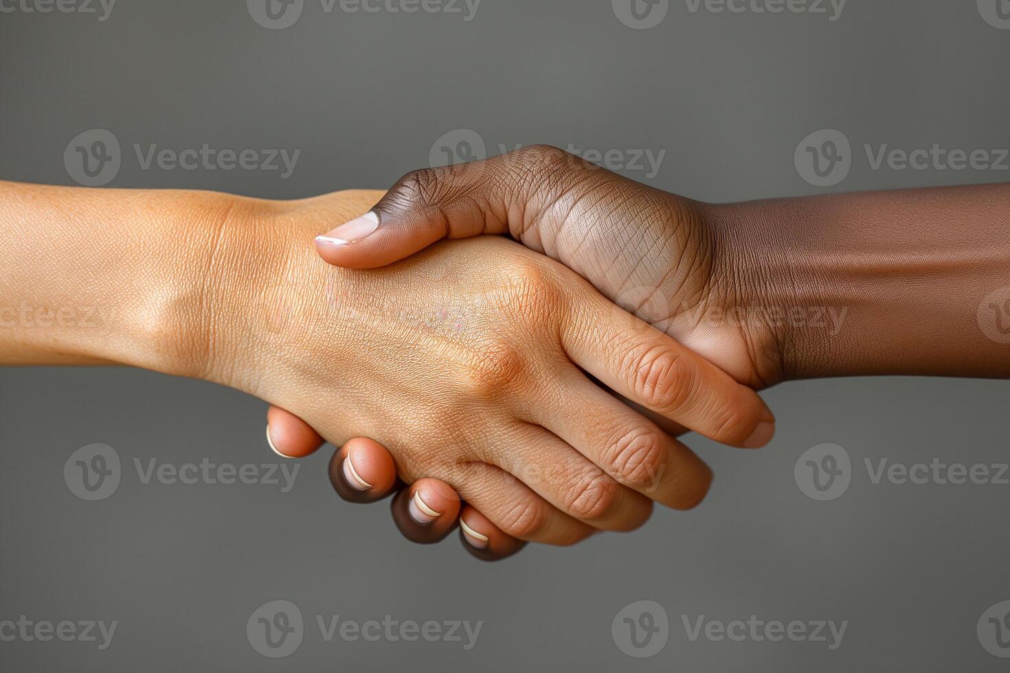 AI generated African and American shaking hands isolated on grey background with clipping path. High quality photo