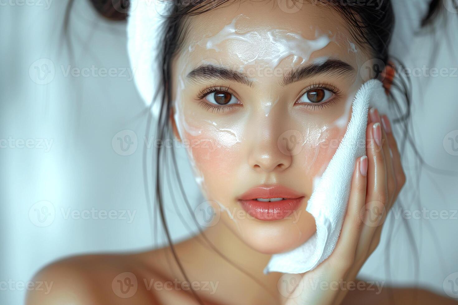 AI generated Beautiful, young, asian woman with clean fresh skin, wash her face with towel on white background at home. Face care, Facial treatment, Cosmetology, beauty and spa, Asian women portrait. photo