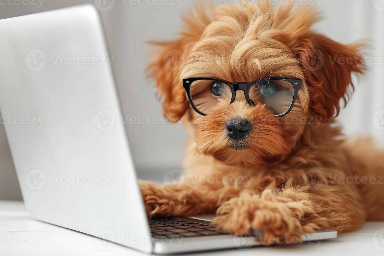 AI generated Funny puppy with glasses and book in front of a laptop, cute dog looks at the computer, white background at home photo