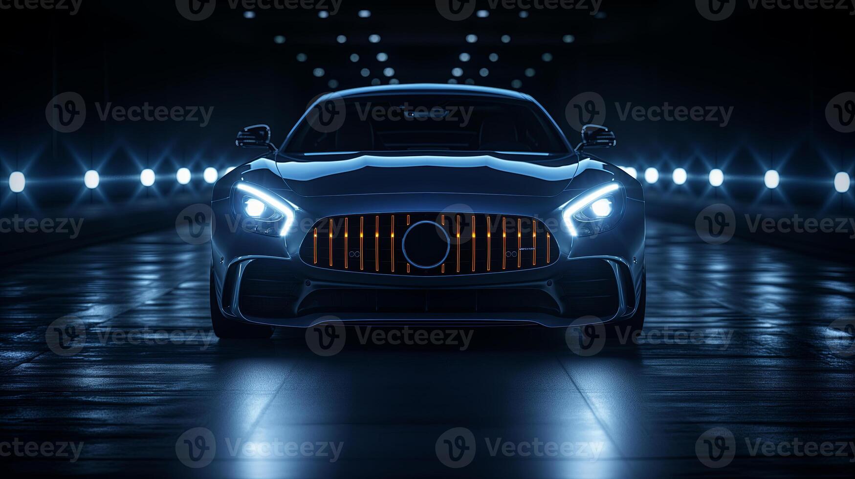 AI generated Switching of car LED headlights in darkness, black background, super realistic, cinematic shot photo