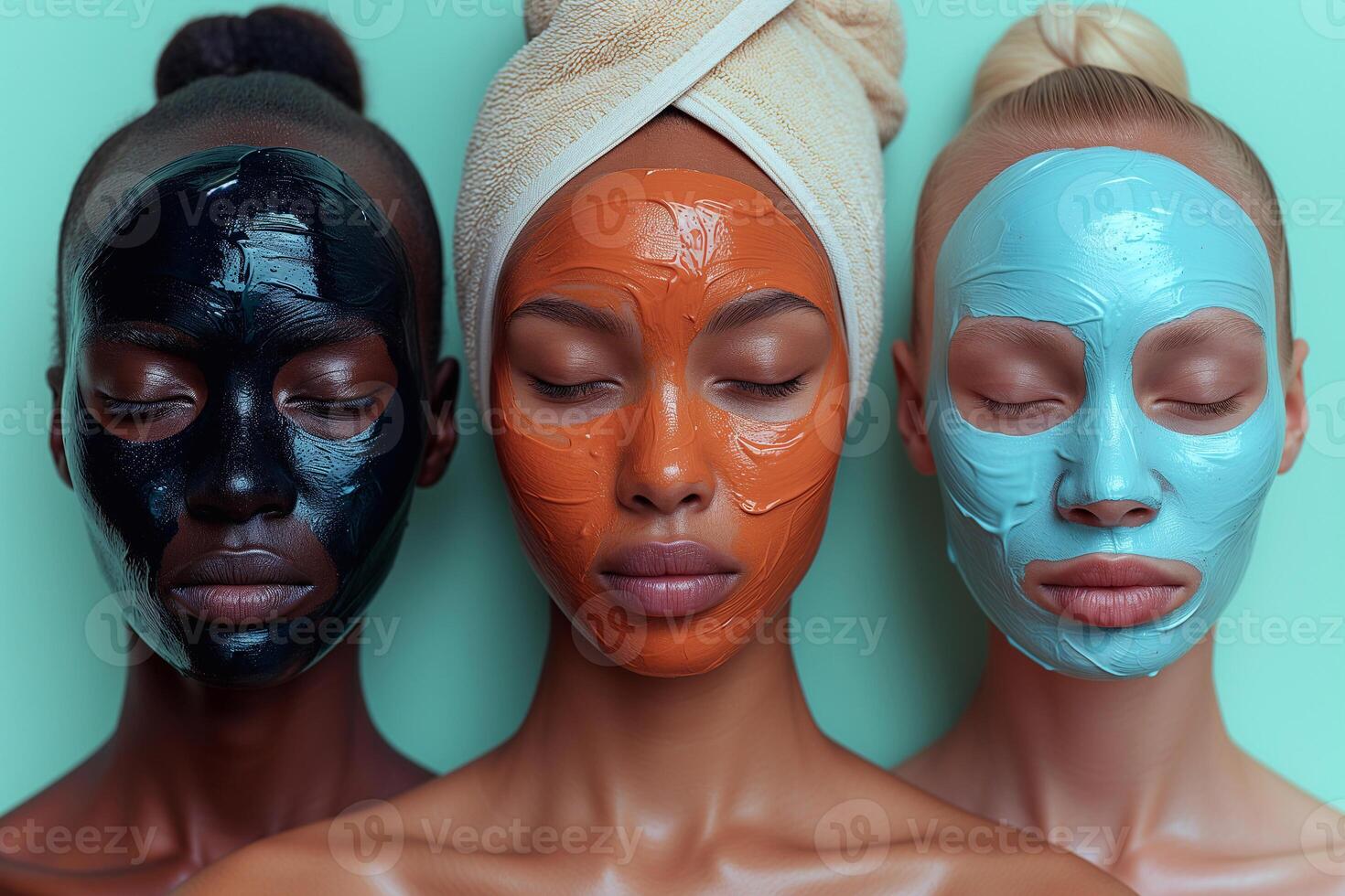 ai generado retratos de mujer en facial mascaras con diferente tipos de piel, Perfecto sano facial tratamiento. multiétnico belleza, publicidad bienestar. diferente etnia caucásico, africano, asiático foto