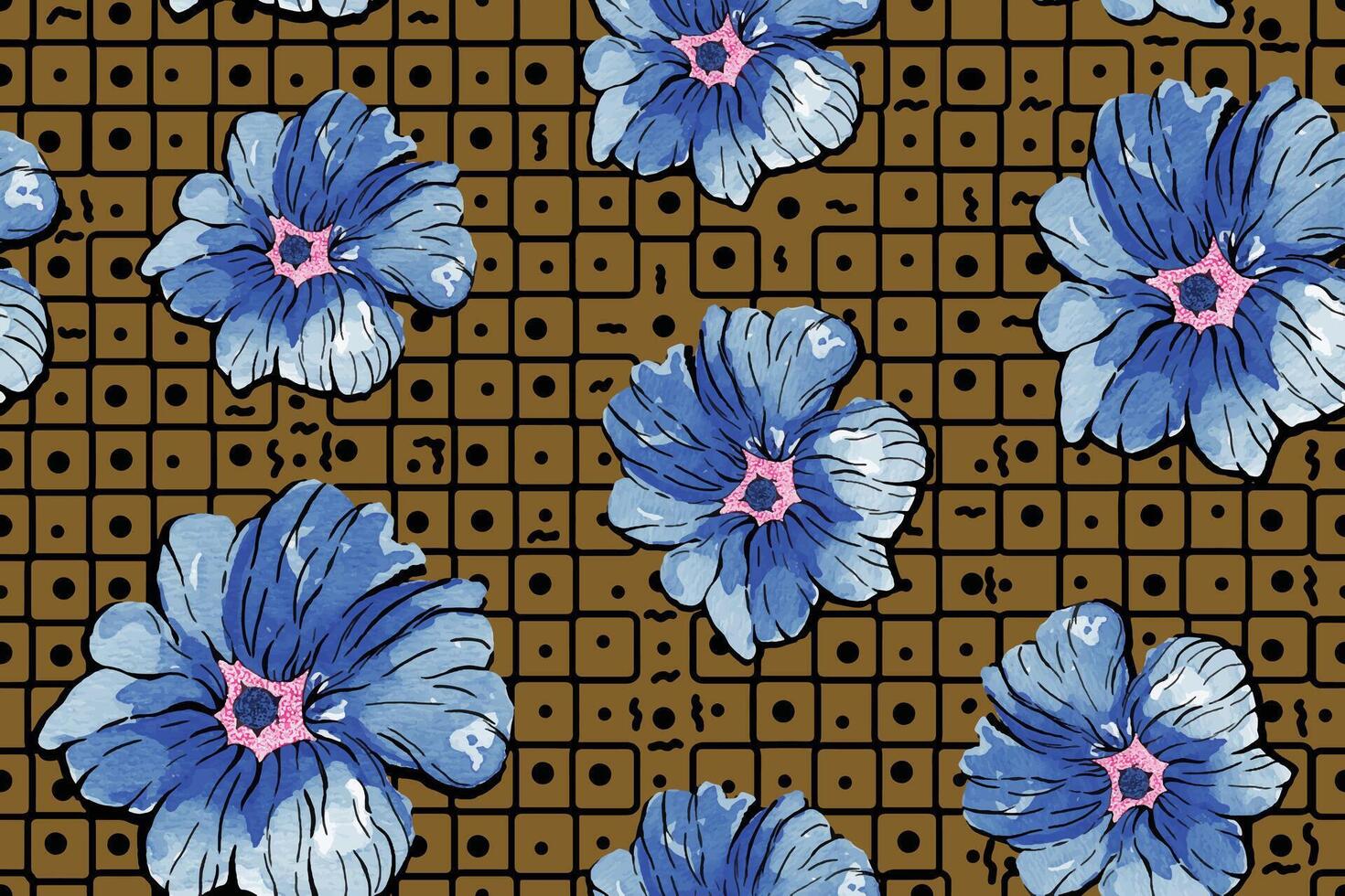Seamless pattern of blue flowers painted on brown background.For fabric luxurious and wallpaper, vintage style.Hand drawn botanical floral colorful pattern. vector