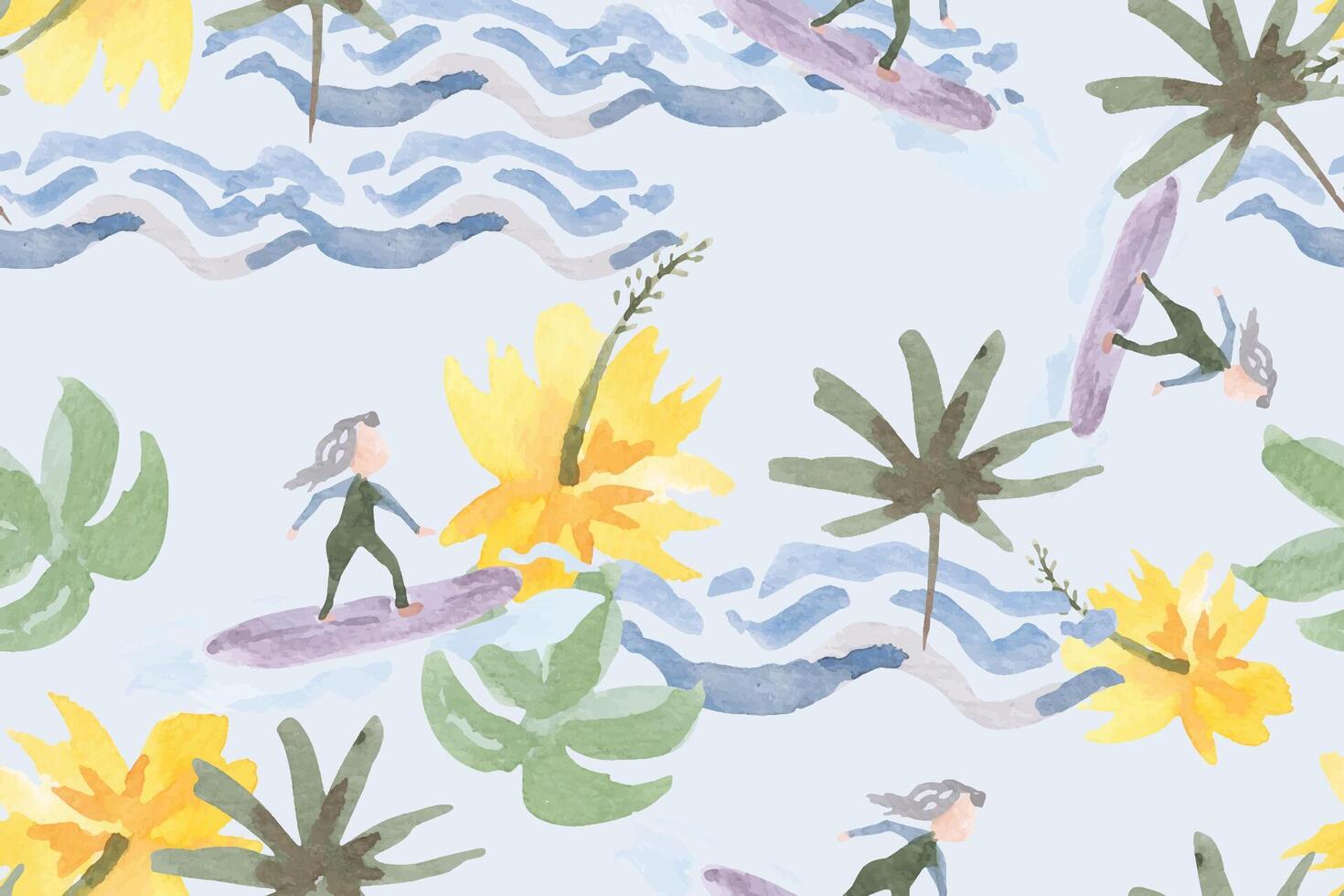 Seamless pattern of Surf Beach background.Suitable for designing fabric and wallpaper patterns.Hawaii Islanders Surf Activity.Painted with watercolors vector