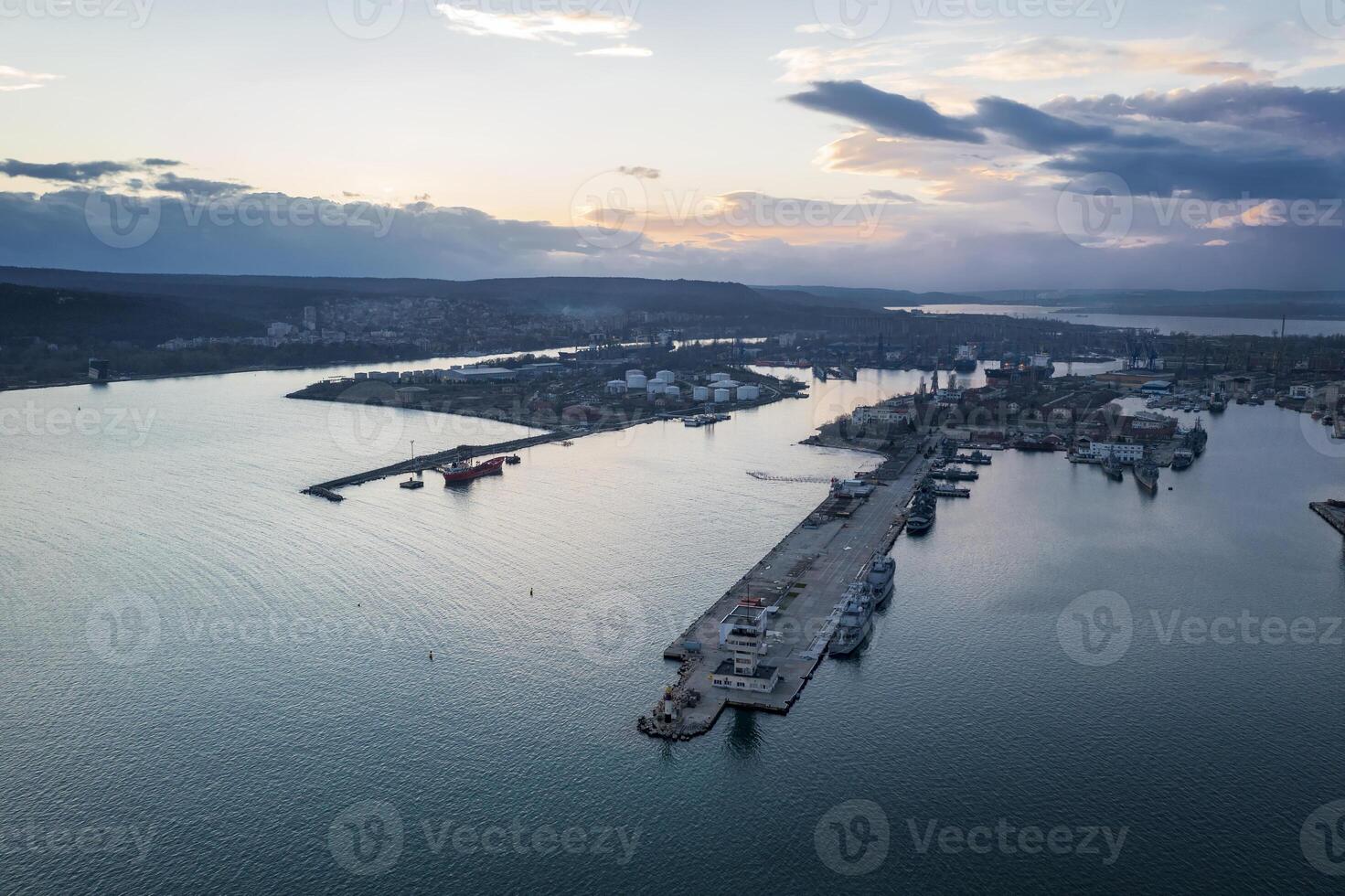 aerial view of the sea port and industrial zone at sunset in Varna, Bulgaria photo