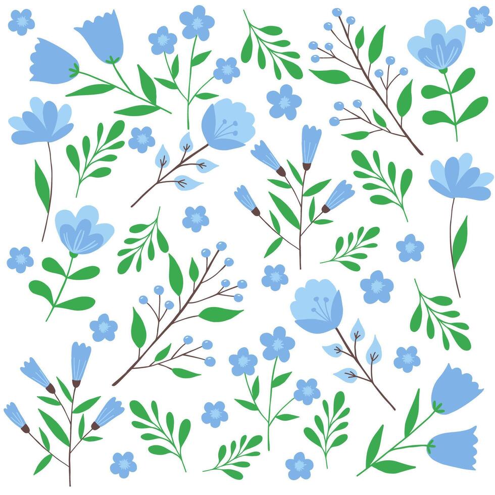 vibrante colección de azul floral ilustraciones en un blanco antecedentes vector