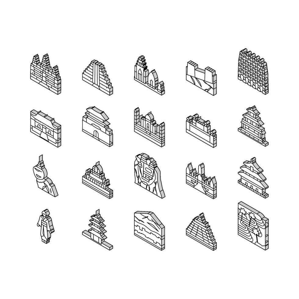 Asia edificio y tierra bohordo isométrica íconos conjunto vector