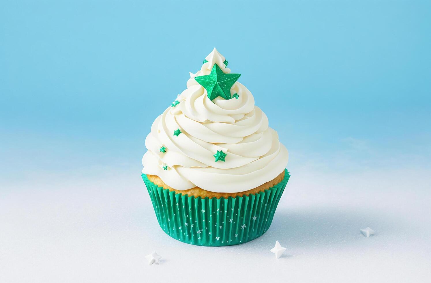 AI generated Christmas  cupcake with green whipped cream and star on blue background.Generated with AI photo