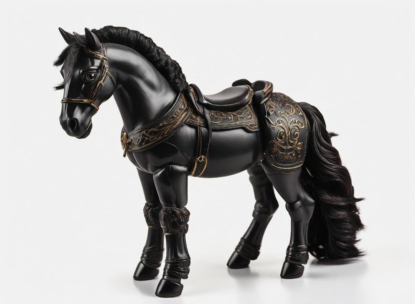 AI generated Black toy horse over white background photo