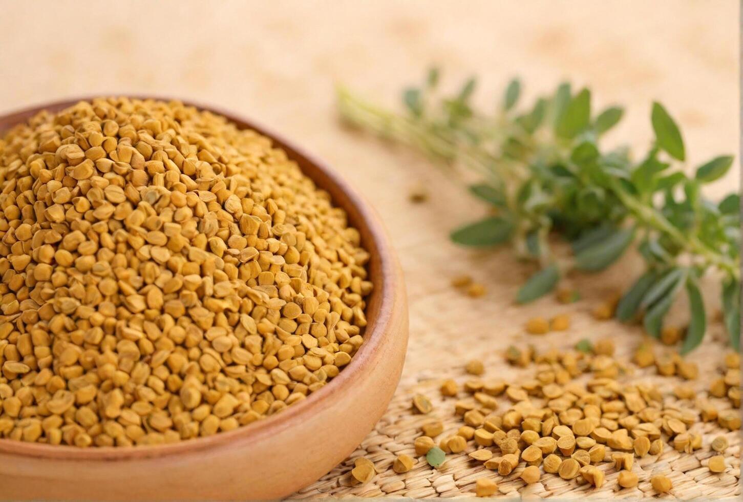 AI generated Herbal fenugreek on a wooden background photo