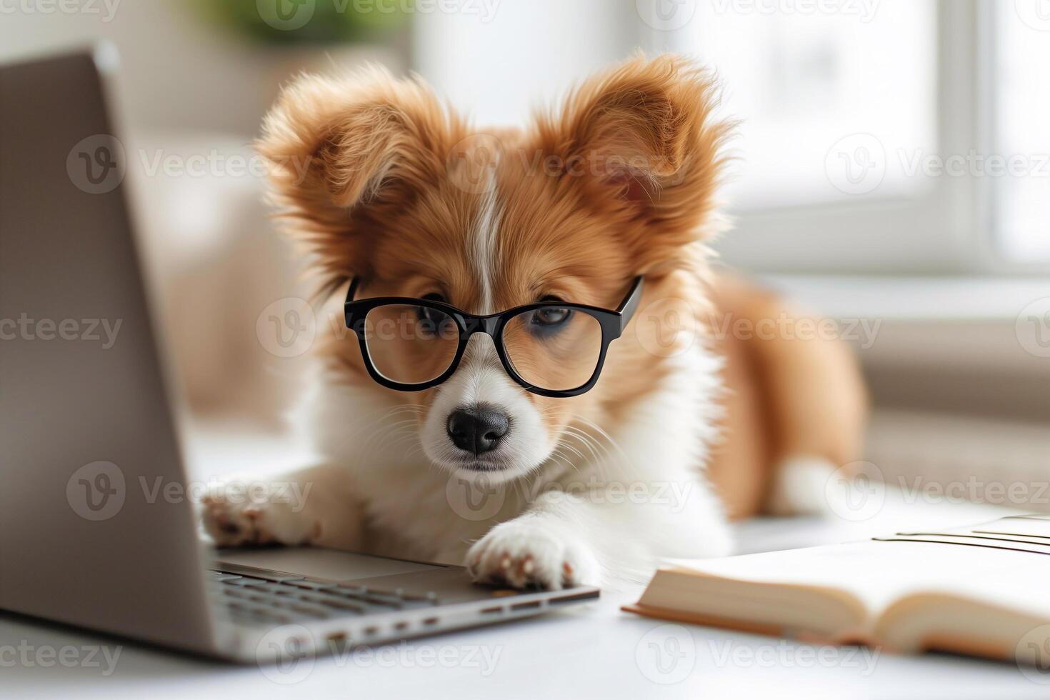 AI generated Funny puppy with glasses and book in front of a laptop, cute dog looks at the computer, white background at home photo