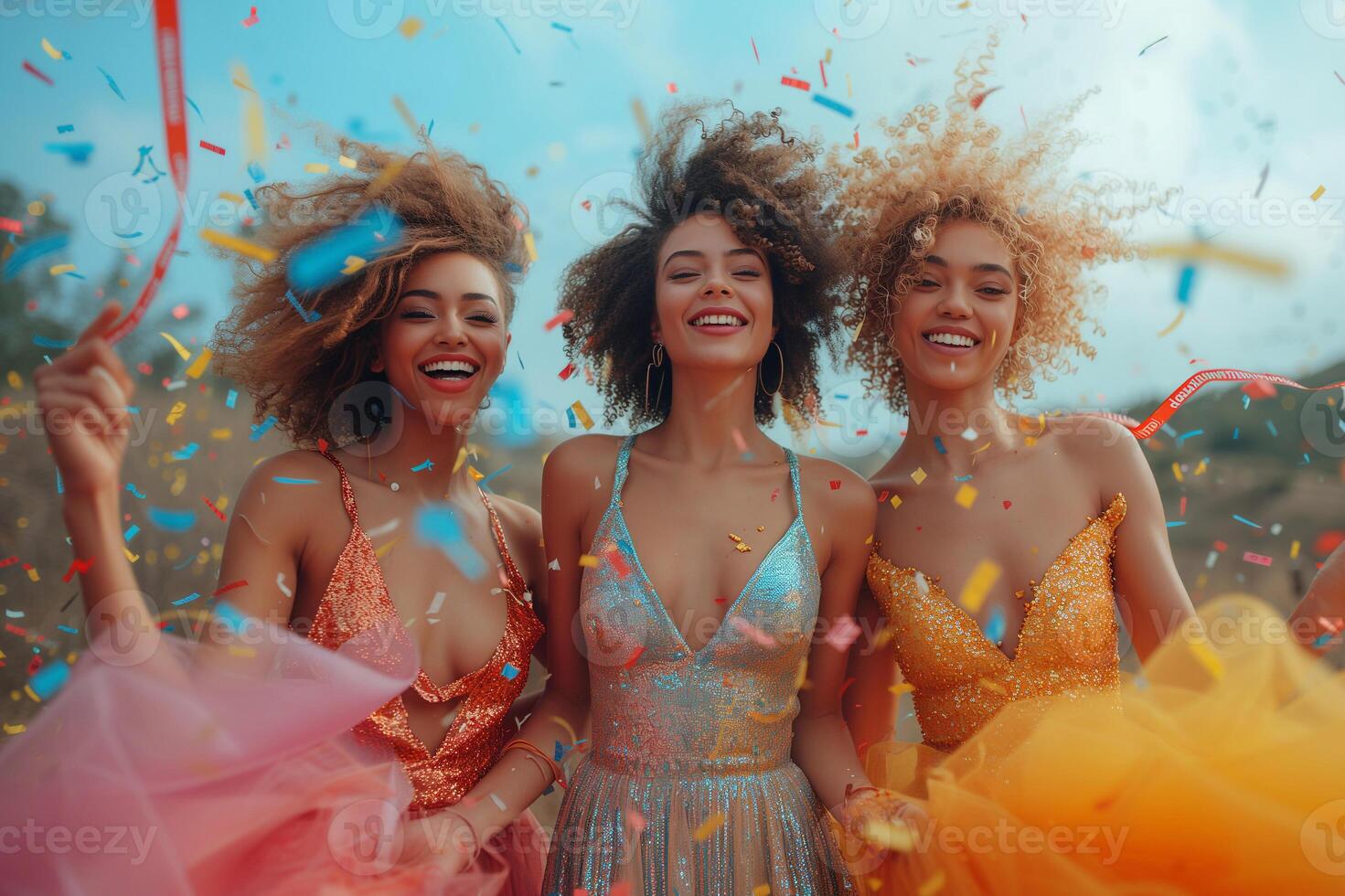 AI generated Three Happy multicultural girls having fun with confetti outdoor. Multi ethnic group of happy, fashionable women celebrating International Womens Day and dancing under falling petals photo