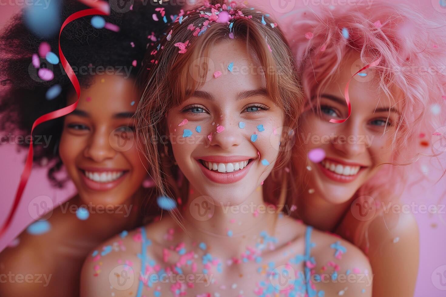 ai generado Tres feliz, sonriente, multicultural hembra teniendo divertido con papel picado en rosado antecedentes. multi étnico grupo de de moda mujer celebrando cumpleaños fiesta y bailando debajo que cae pétalos foto