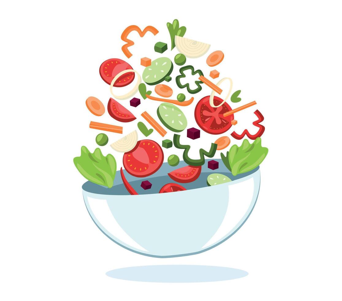 Bowl with flying vegetables. Fresh healthy meal with organic salad vegetarian food, cartoon flat organic ingredients mixed cooking dish. Vector illustration