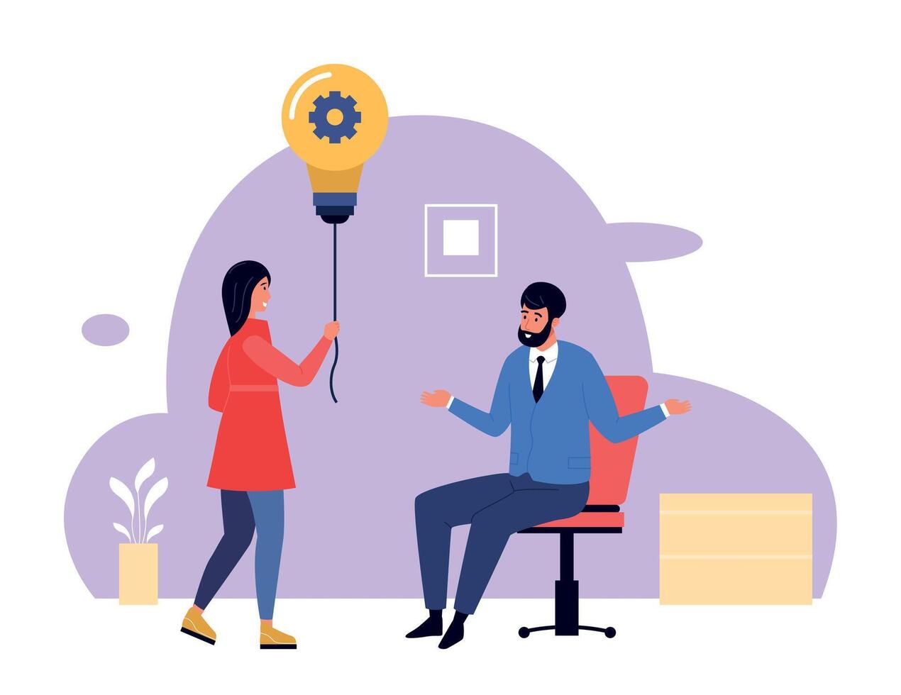 People with light bulb. Woman coming to colleague with creative idea. Employee sharing start up project or innovation vector