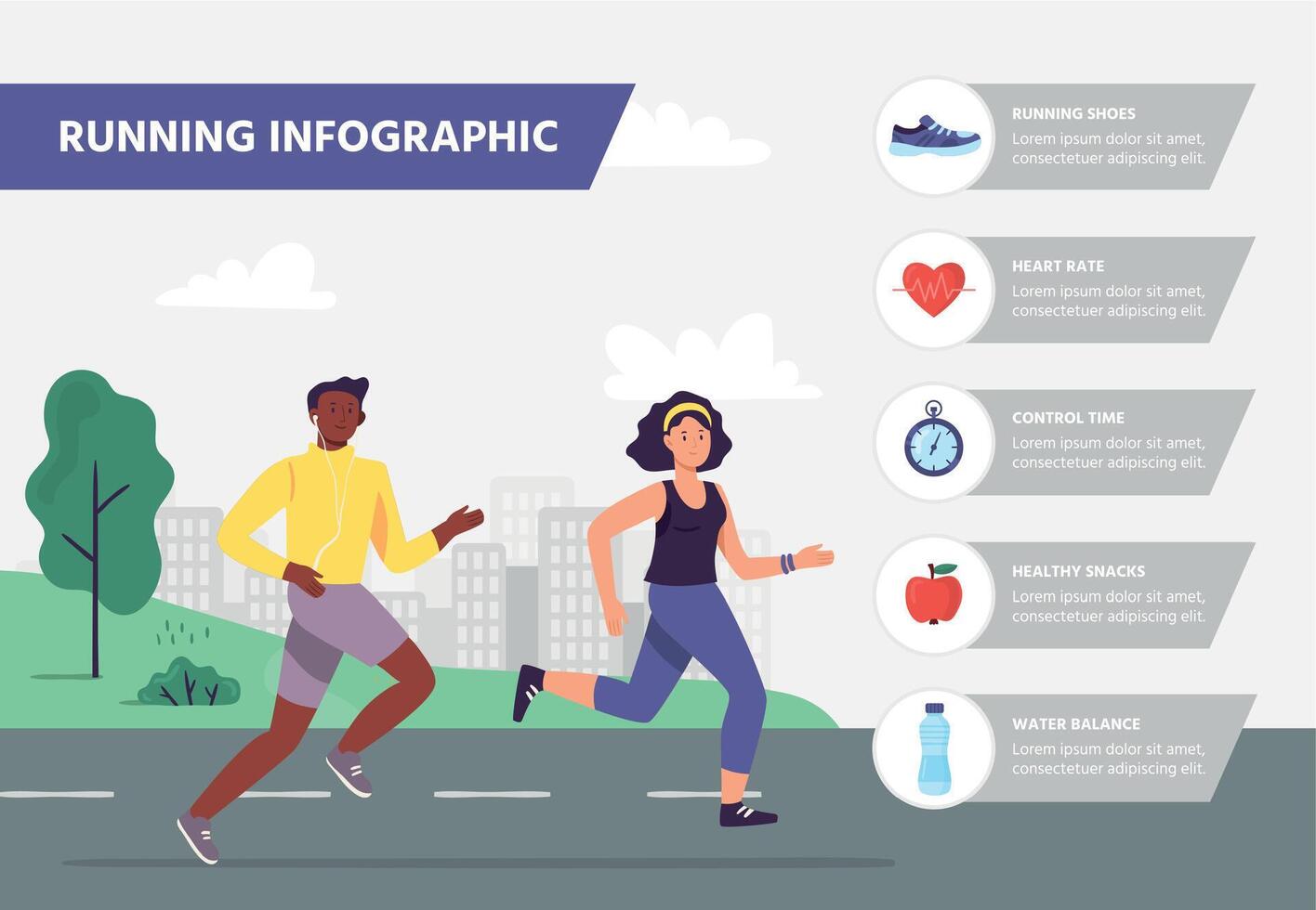 Run infographic. Man and woman running marathon. Athletes jogging outdoor in city park. Sport exercising vector