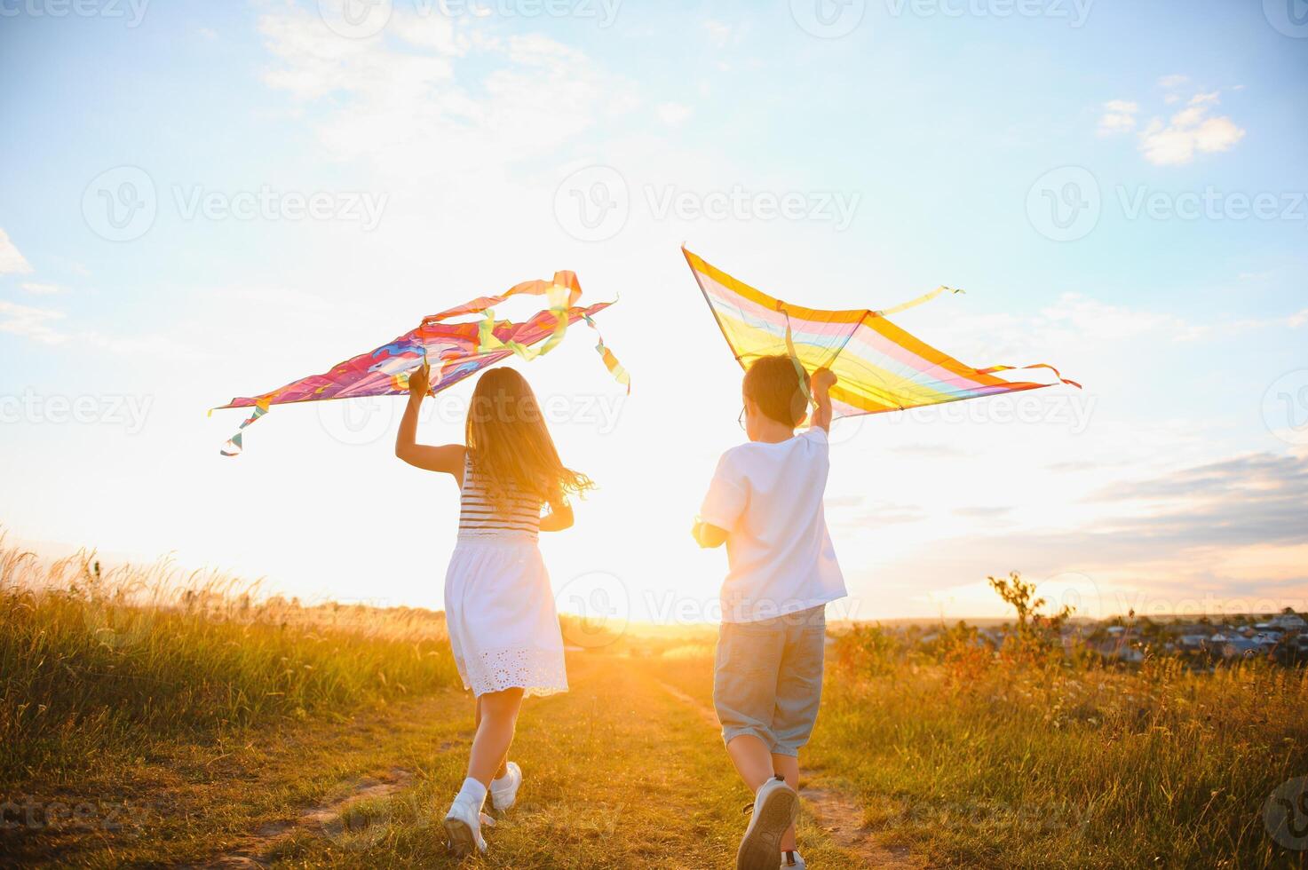 Children running with kite in the field. photo